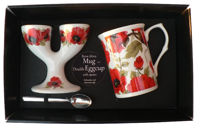 cute coffee mugs with holiday designs-Poppy Double eggcup with Egg Spoon and Bone China Mug Gift Boxed