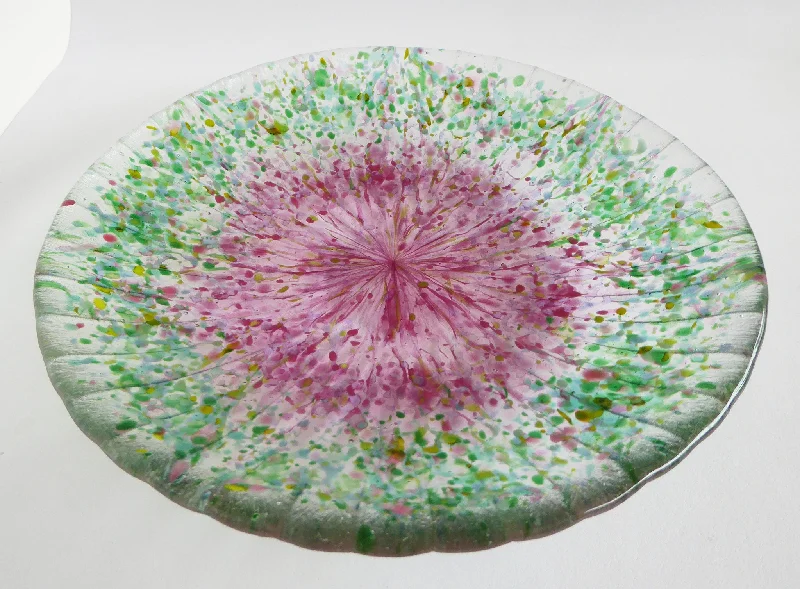 dinner plates with geometric designs-Fused Glass Bowl in Pink, Green and Clear