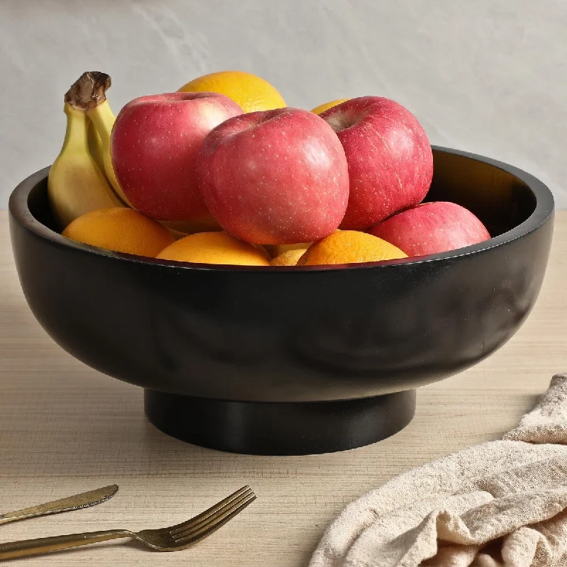 eco-friendly dinner plates for large gatherings-Black Wood Fruit Bowl for Kitchen Counter, 12-inch Diameter Large Wooden Fruit Bowl, Natural Wood