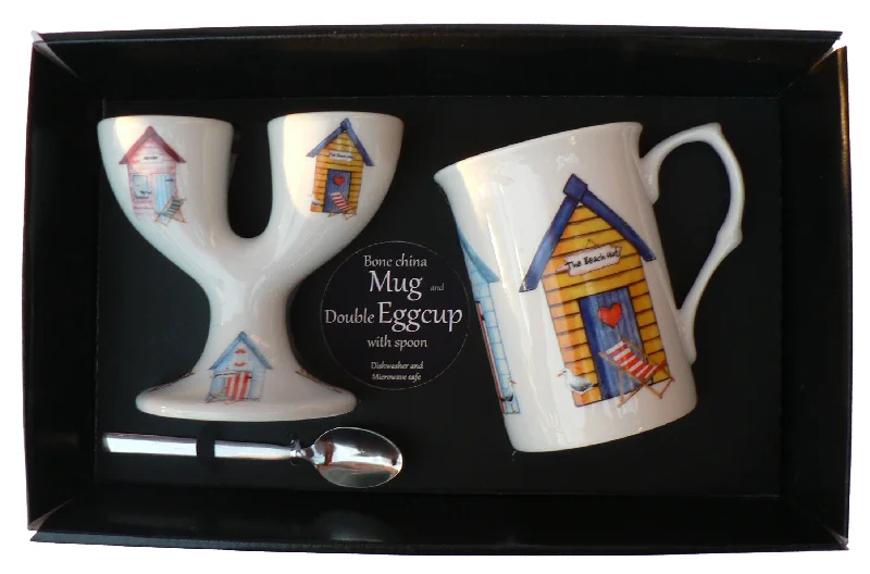 large insulated travel mugs for daily use-Beach hut Double eggcup with Egg Spoon and Bone China Mug Gift Boxed