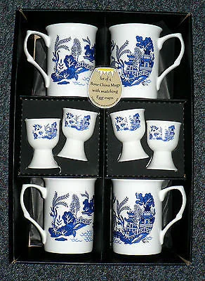 funny coffee cups with quotes for work-Blue willow pattern china mugs & egg cups -  set of 4 gift boxed mugs & eggcups