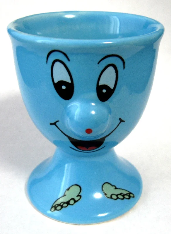 large tea mugs with personalized designs-Egg Cup Bright Blue English Pedestal Funny Face 1970s Comic Mid Century