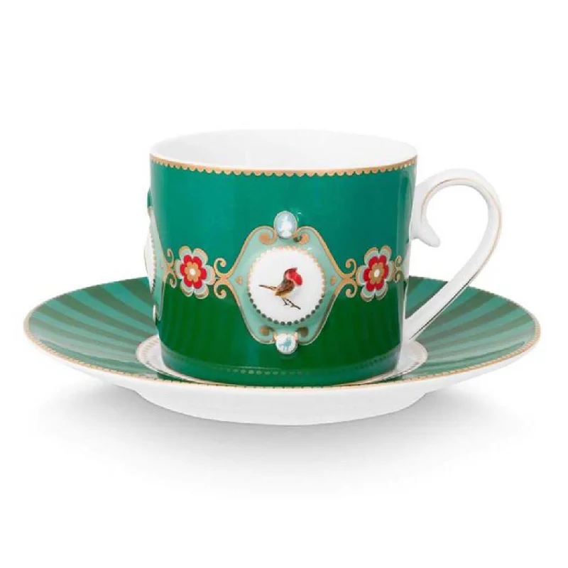 best insulated mugs for hot beverages-Pip Studio Love Birds Medallion Cup & Saucer - Emerald Green