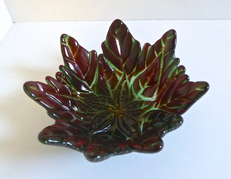 modern dinner plates with black rim-Green and Red Fused Glass Poinsettia Bowl