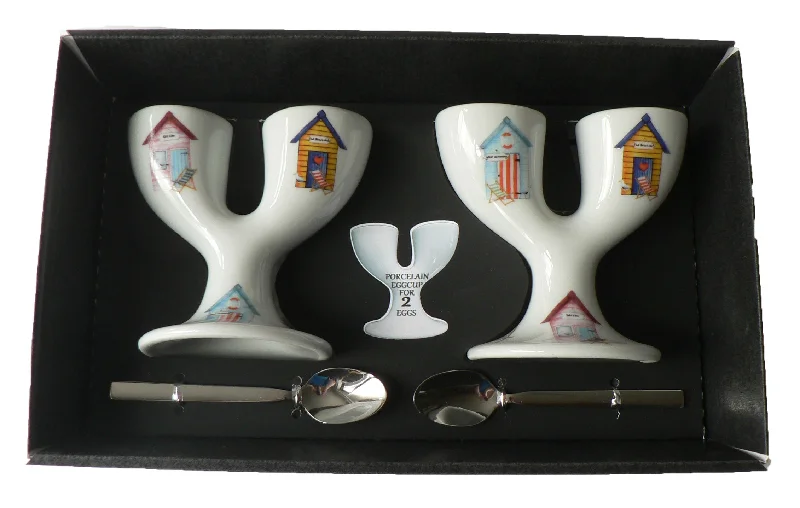 eco-friendly mugs for outdoor activities-Beach hut double egg cups - 2 ceramic egg cups with spoons gift boxed