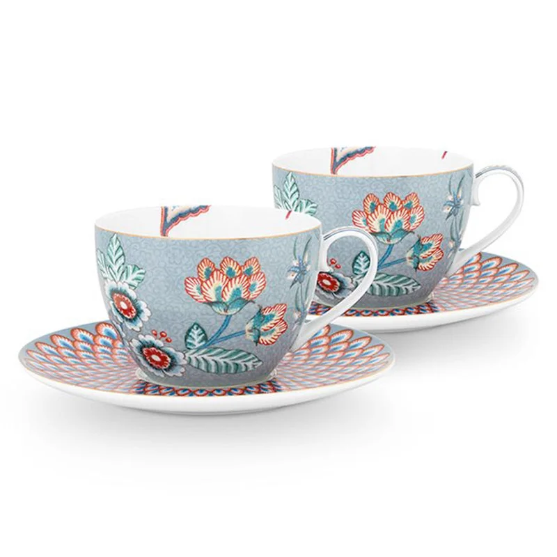 large ceramic mugs for cozy mornings at home-Pip Studio Flower Festival Set of 2 Cups & Saucers - Light Blue