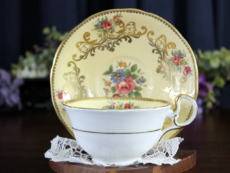 luxury ceramic mugs for special events-Aynsley Biscuit & Gold, Floral Overlay, Tea Cup and Saucer 17861