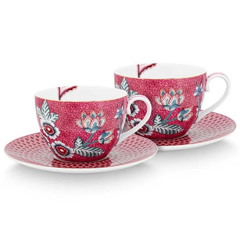 funny coffee cups for anniversary gifts-Pip Studio Flower Festival Set of 2 Cups & Saucers - Pink