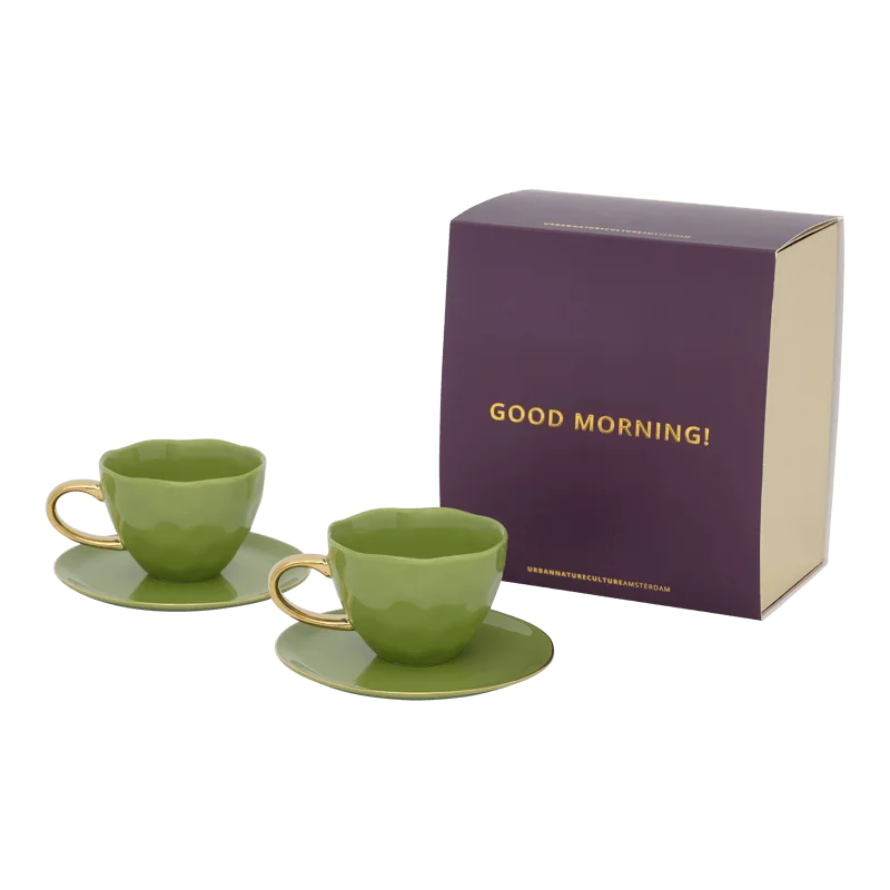 best coffee mugs for morning tea and coffee-Good Morning Cup Cappuccino/Tea and Plate evergreen sprig, set of 4, in gift pack