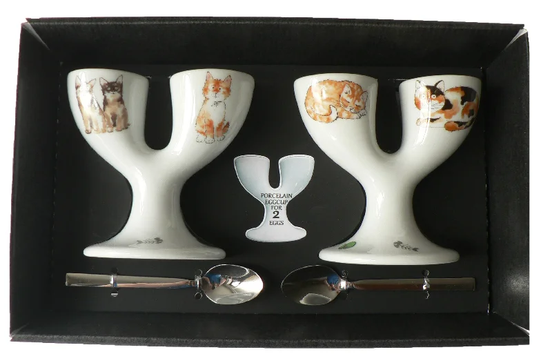 thermal travel mugs for all types of drinks-Cats double egg cups - 2 ceramic egg cups with spoons gift boxed