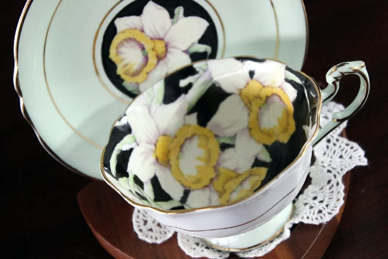 funny travel mugs for busy commuters-Paragon Mint Green, Teacup & Saucer, Daffodil Hand Painted Interior 17561