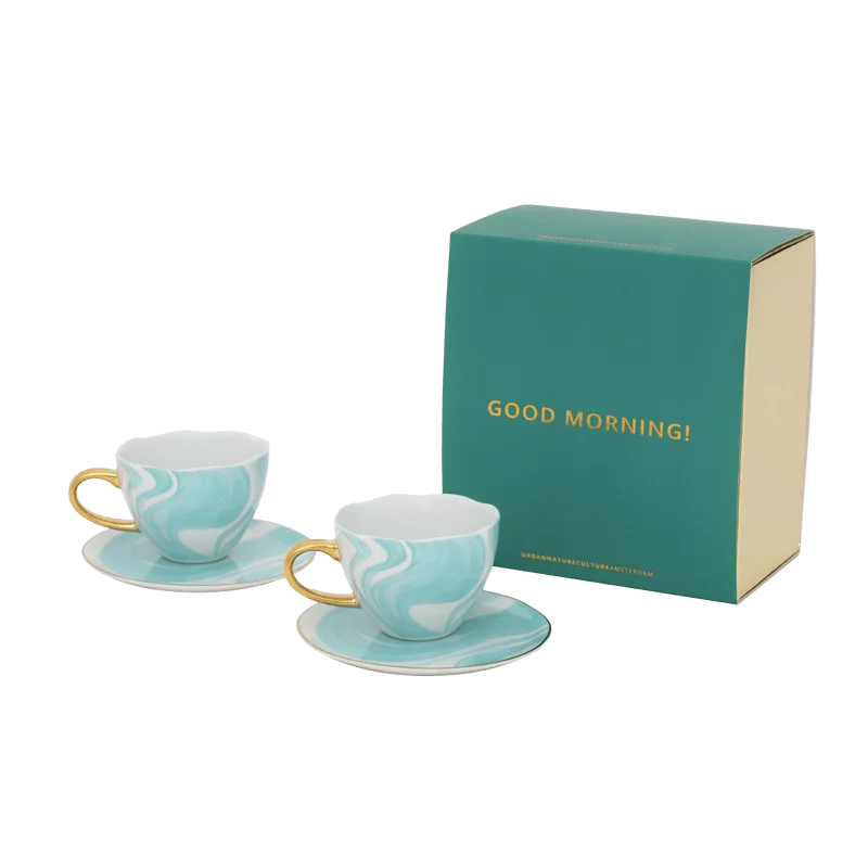 stylish coffee cups for afternoon tea parties-Good Morning Cup Cappuccino/Tea and Plate Valuri Emerald Green, set of 4, in gift pack