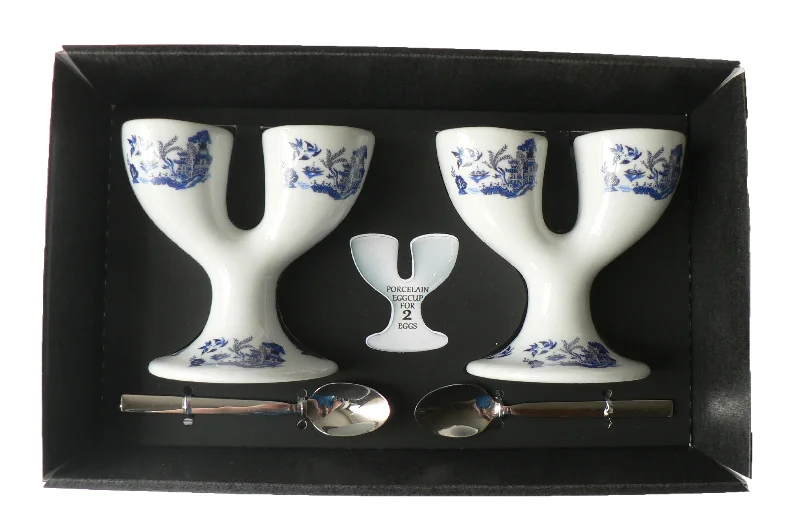 stylish coffee cups for afternoon tea parties-Blue willow double egg cups - 2 ceramic egg cups with spoons gift boxed