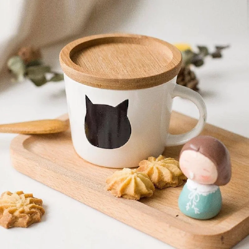 funny coffee mugs for weekend mornings-Porcelain Short Cup With Decal and Lid - Cat