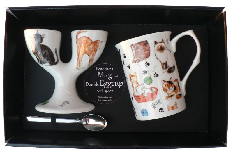 personalized mugs for family celebrations-Cats and Kittens Double eggcup with Egg Spoon and Bone China Mug Gift Boxed