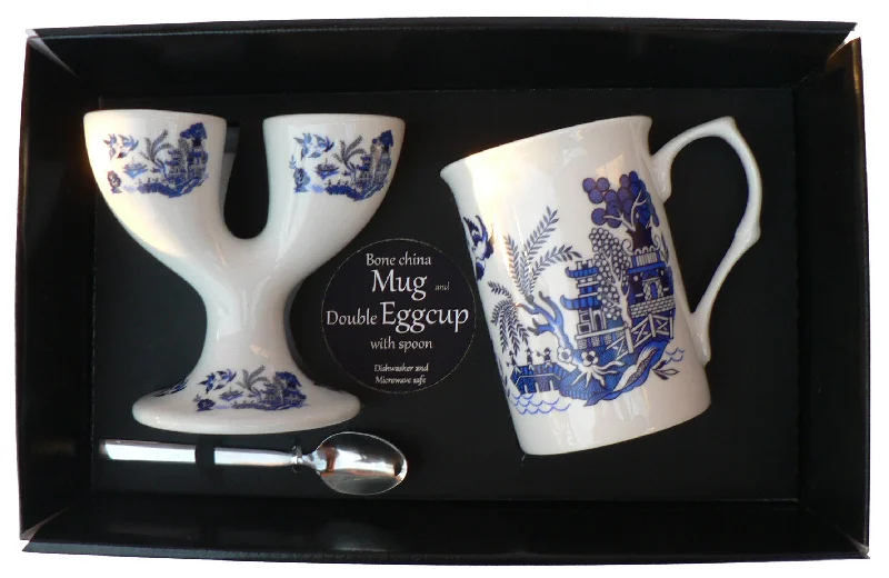 personalized coffee mugs for teacher appreciation-Blue willow pattern Double eggcup with Egg Spoon and Bone China Mug Gift Boxed