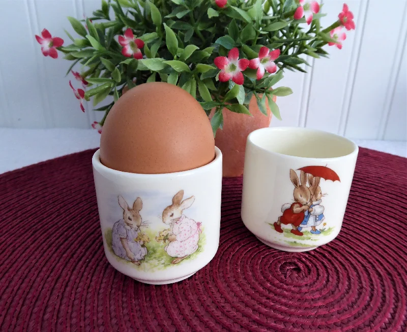 personalized coffee mugs for company giveaways-Bunnykins Eggcups Pair Bunny Family Royal Doulton England Character Collectibles 1990s