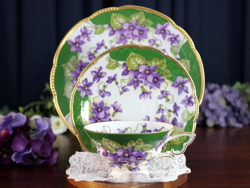 custom ceramic coffee cups for offices-Mitterteich Trio, Footed Teacup, Saucer & Side Plate, Purple Violets 18448