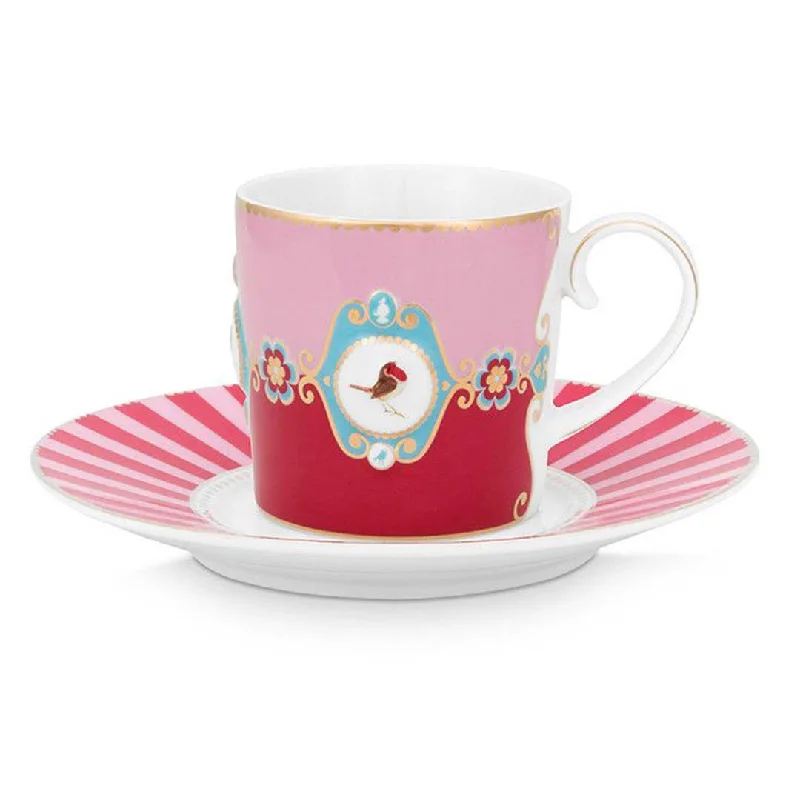 stylish travel mugs for cold drinks-Pip Studio Love Birds Medallion Cup & Saucer - Red & Pink