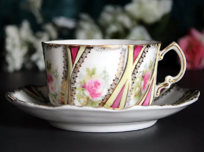 unique coffee mugs for wedding gifts-Antique Teacup and Saucer, Hand Painted Tea Cup, Soft Pink Roses -J