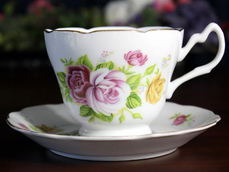 unique photo mugs for memorable gifts-Made in China, Cup & Saucer, White with Pink Florals, Porcelain Teacup 17534