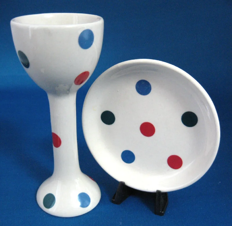 reusable coffee mugs with custom logos-Martin Gulliver Polka Dot Eggcup And Plate Primary Colors 1980s English Art Pottery