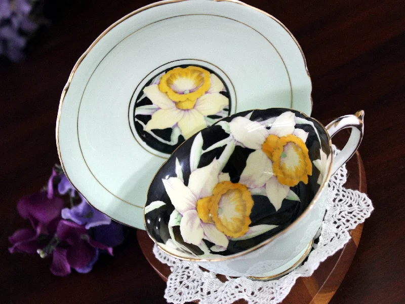 custom coffee cups with names for gifts-Paragon Mint Green, Teacup & Saucer, Daffodil Hand Painted Interior 17678