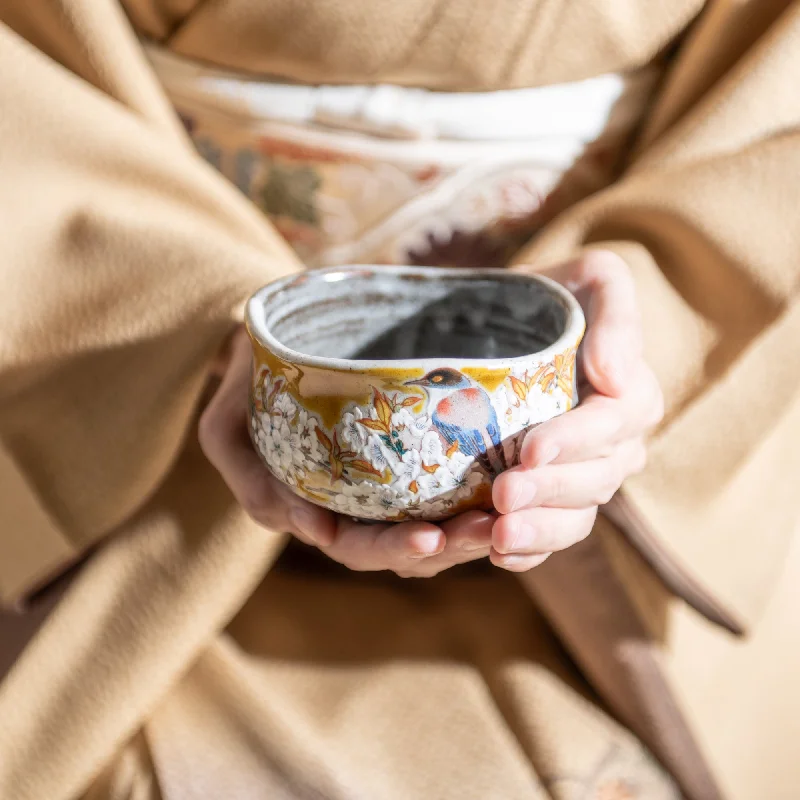 outdoor dinnerware set for picnics-Bizan Kiln Yoshidaya Sakura and Bird Kutani Matcha Bowl Chawan