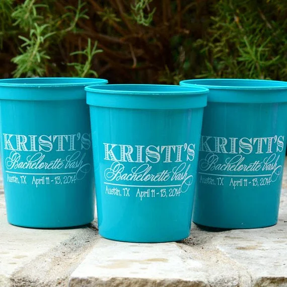 eco-friendly coffee mugs with unique designs-Personalized Bachelorette Weekend Plastic Stadium Cups