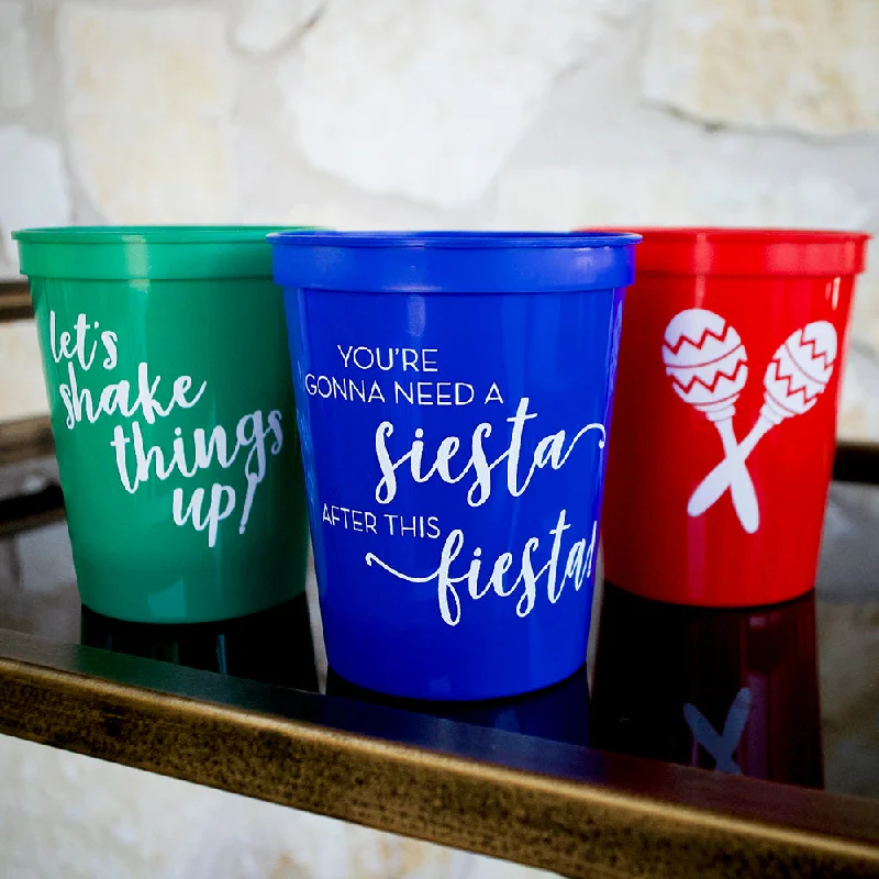 eco-friendly travel mugs with handles-"Siesta after this Fiesta" Stadium Cups