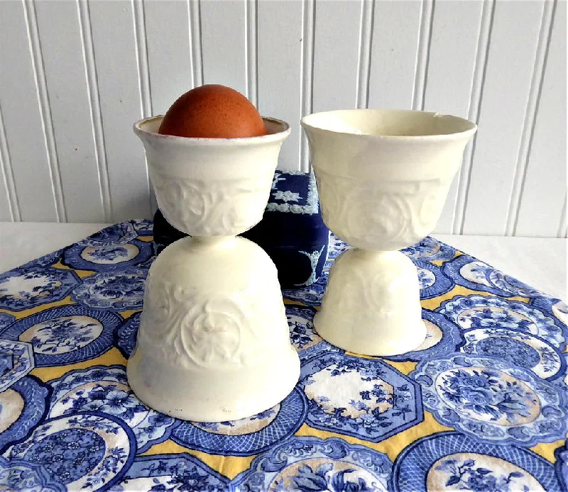 stylish coffee mugs with unique designs-Wedgwood Patrician Eggcups 2 Double White Embossed Queen's Ware 1920s