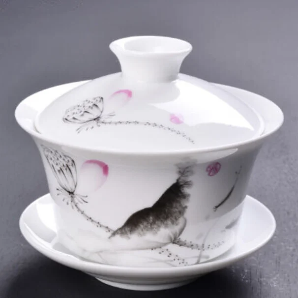 funny coffee cups for teachers gifts-Gaiwan The Brewing Cup With Saucer Grey Floral Print - The Oriental Teacup Saucer And Lid