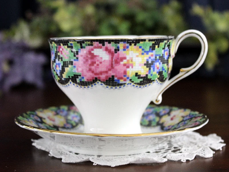 best coffee cups for morning tea-Paragon Gingham Rose, Teacup & Saucer Set, Needle Point Chintz 17800