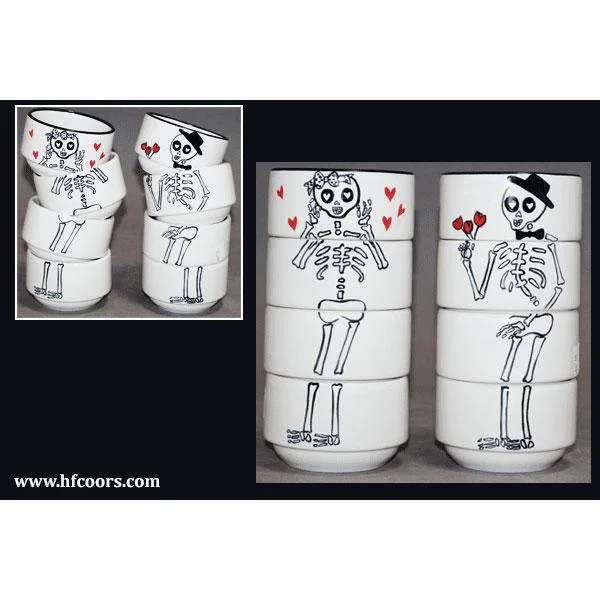 luxury dinnerware for fine dining restaurants-Stackable Bowls - Skeletons White and Black | Day of the Dead