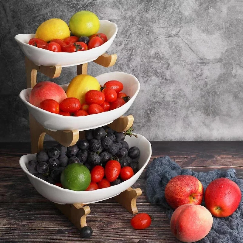 dinnerware set for hosting large events-Fruit Bowl for Kitchen Counter - 3 Tier Ceramic Serving Bowls with Bamboo Stand, Tiered Fruit Basket for Fruit Vegetable