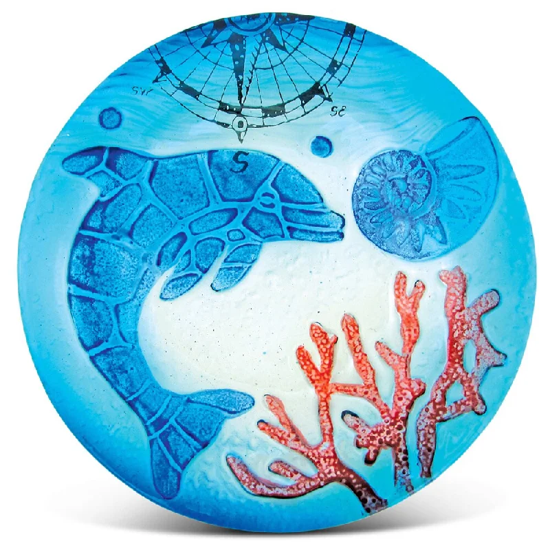 affordable dinnerware set for small families-Blue Glass 8-inch Circle Dolphin Plate Decor