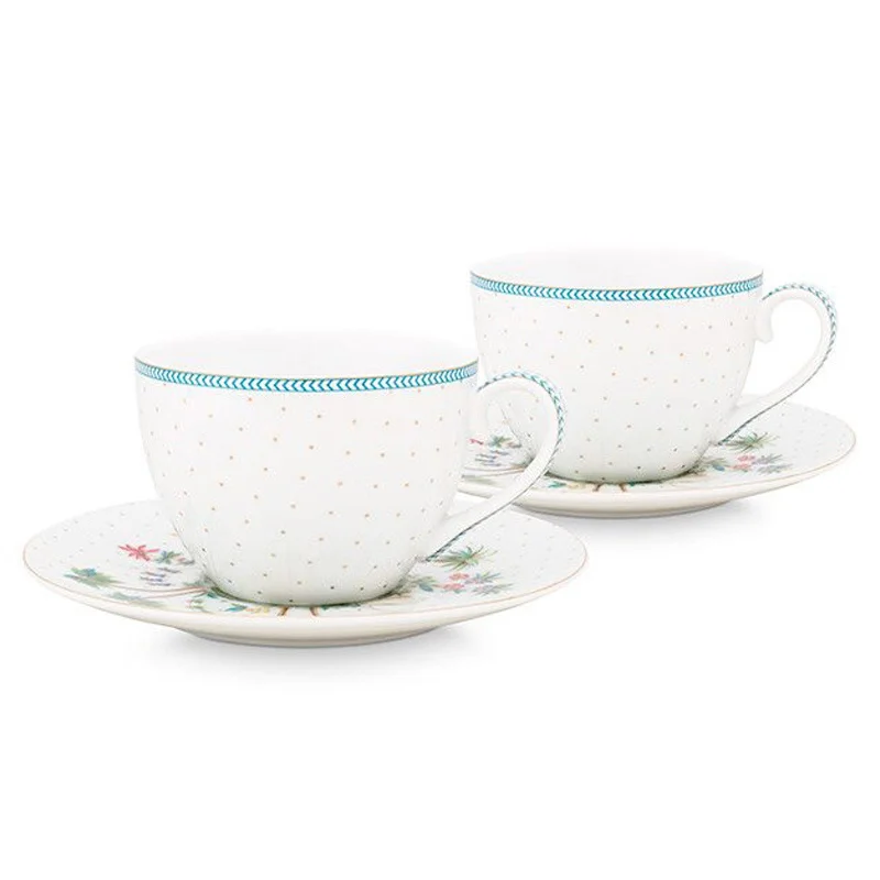 insulated coffee mugs for year-round use-Pip Studio Jolie Dots Set of 2 Cups & Saucers - White & Gold