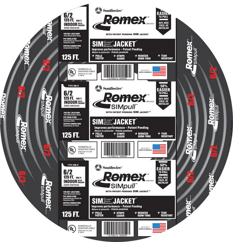 eco-friendly bamboo dinnerware for large groups-Southwire 125 ft. 6/2 Stranded Romex Type NM-B WG Non-Metallic Wire (Pack of 125)