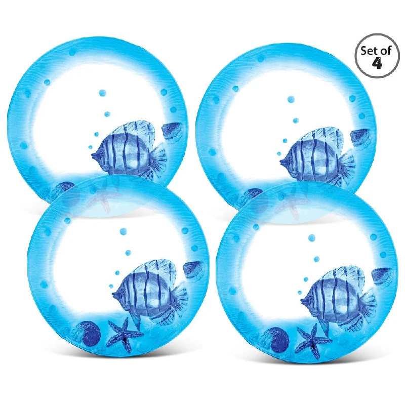 high-quality dinnerware set with matching glasses-Puzzled Blue Glass 11-inch Fish and Shells Round Plate (Set of 4)