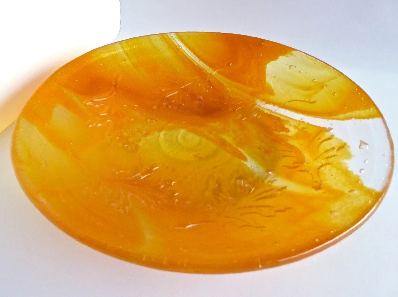 personalized dinner plates for special events-Fused Glass Oak Leaf Imprinted Bowl in Streaky Orange