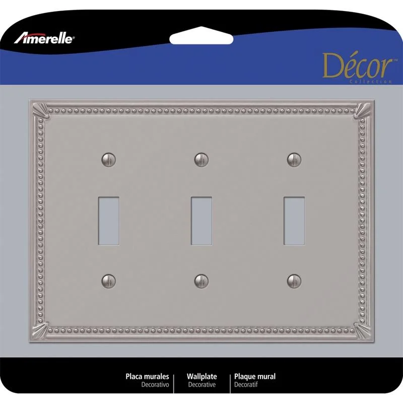 luxurious dinnerware for upscale events-Amerelle Imperial Bead Brushed Nickel 3 gang Metal Toggle Wall Plate 1 pk