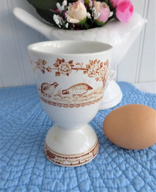 best travel mugs for cold weather-Furnivals Quail Eggcup Double Brown Transferware 1890s Birds Ironstone Egg Cup