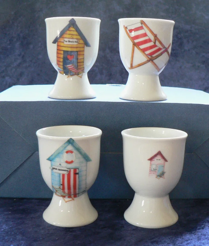 stylish coffee mugs for business gifts-Beach Huts egg cups eggcups porcelain set of 4 different in each set -