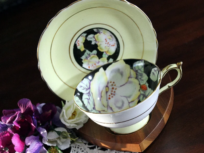 insulated coffee mugs for hot beverages on the go-Paragon Teacup & Saucer, Pale Yellow, Dogwood Roses, Hand Painted Interior 17576