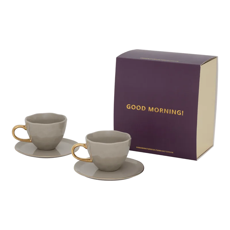 unique coffee mugs with funny messages-Good Morning Cup Cappuccino/Tea and Plate Gray Morn, set of 4, in gift pack