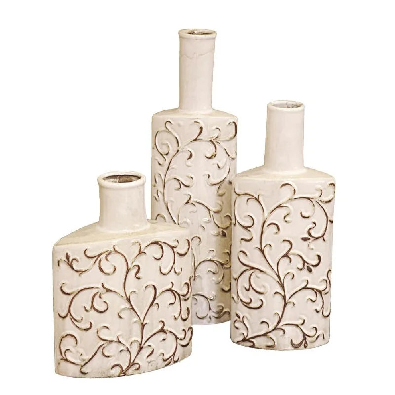 Large handmade ceramic vases for weddings -Antique White Scroll Vases (Set of 3)