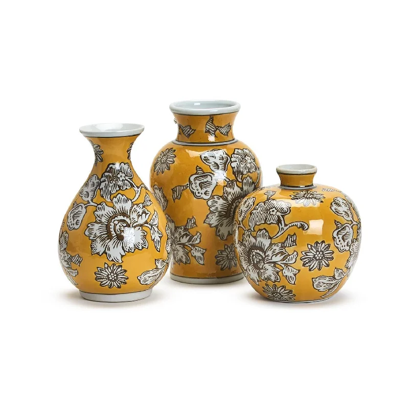 Large decorative ceramic flower vases -Blossoming Set of 3 Yellow Chinioserie Vase