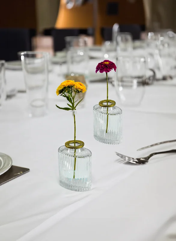 Tall vases for floral centerpieces in modern weddings -Clear Ribbed Glass Oval Bud Vases with Gold Rim, Available in 2 Sets