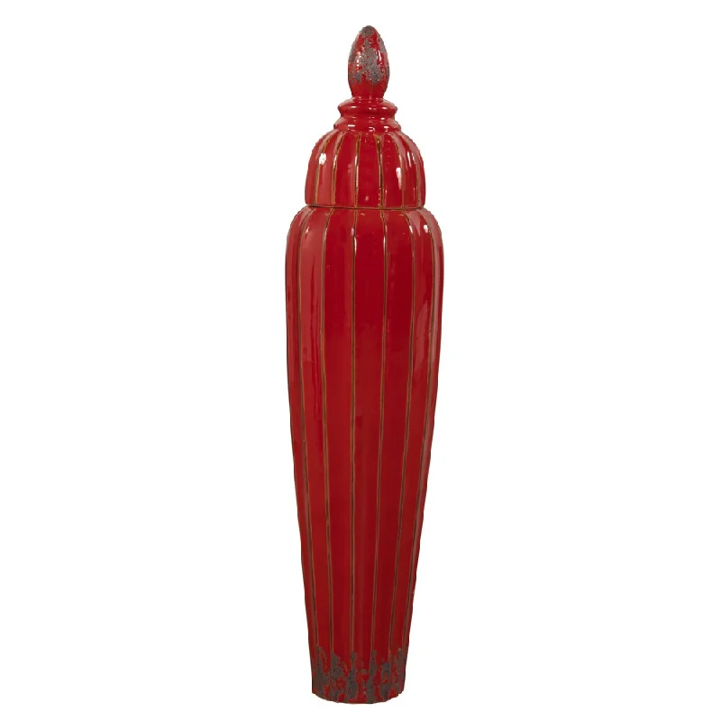 Large glass vases for wedding centerpieces -Glossy Red Glaze Ceramic Large Vase with Lid