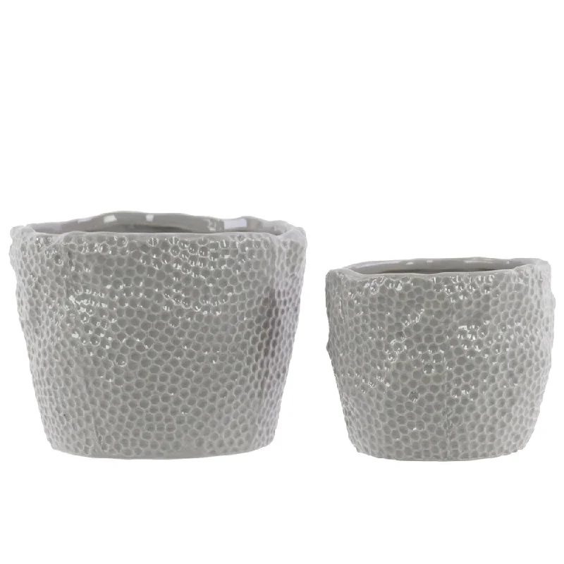 Unique decorative ceramic flower vases for sale -Light Grey Dimpled Gloss Ceramic Uneven Round Pots (Set of 2)